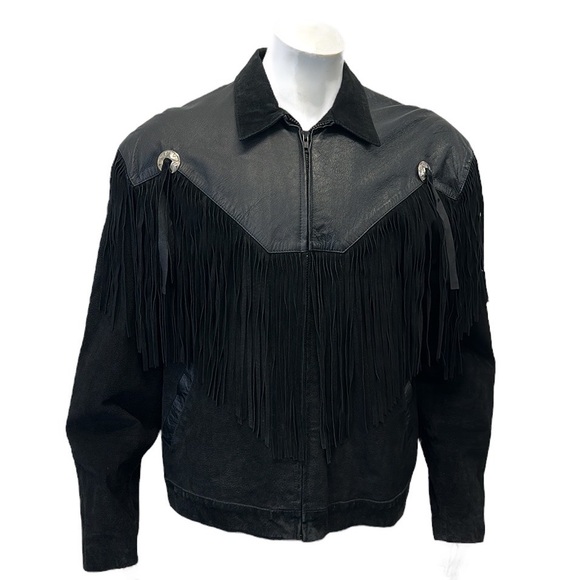 Vintage 80's Scully Black Leather Fringed Western Cowboy Jacket RARE Size 44 - Picture 6 of 14